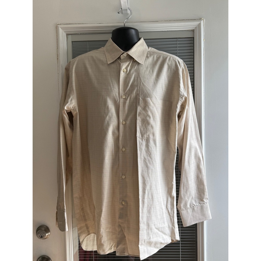 Mitchells Button Down Shirt Mens XL Tan Beige Grid Made in Italy Excellent L/S